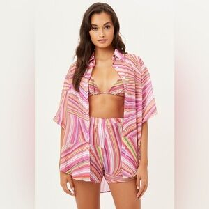 NWT Frankie’s Bikinis Fifi Button Down Short Sleeve Multi Colored Blouse Sz M